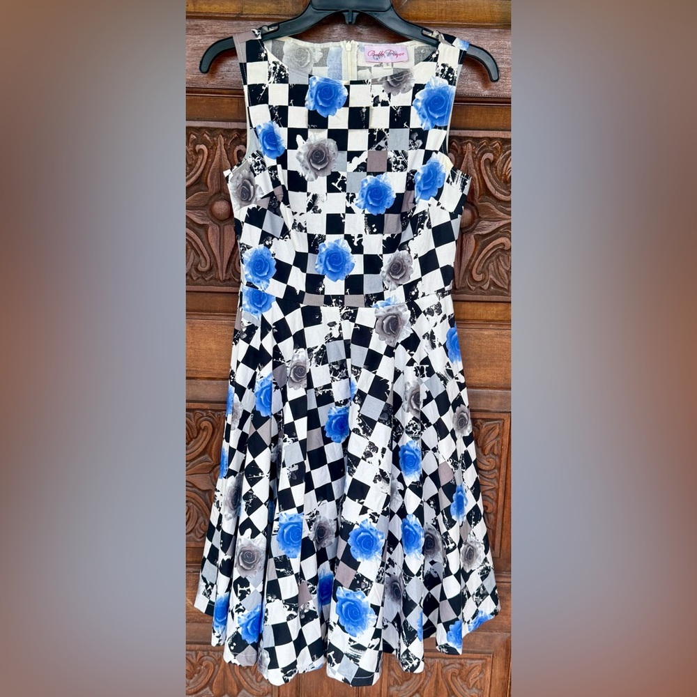 Belle Poque Floral & Checked Print Sleeveless Skater Knee Length Dress Sz Small